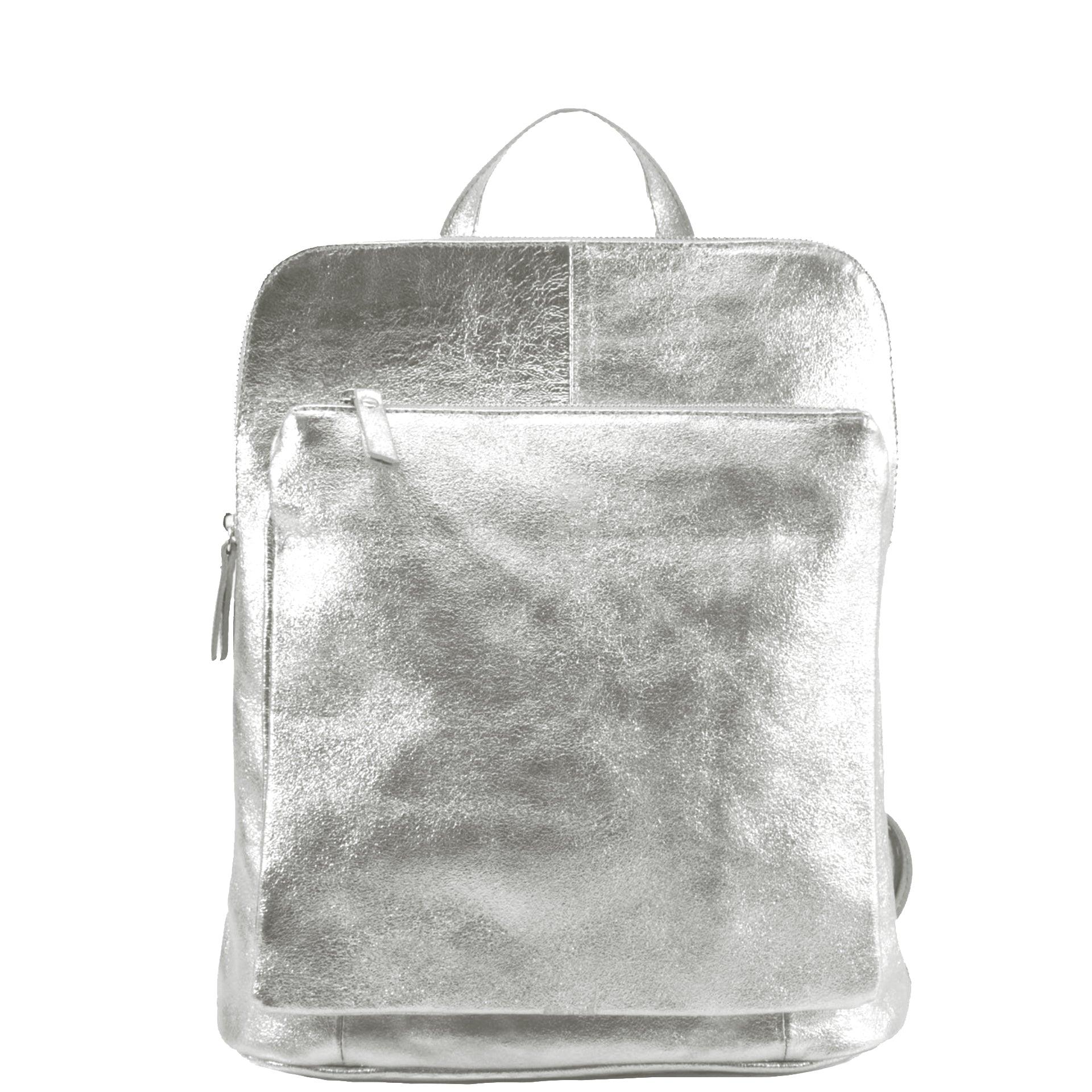 Silver Convertible Metallic Leather Pocket Backpack By Brix Bailey