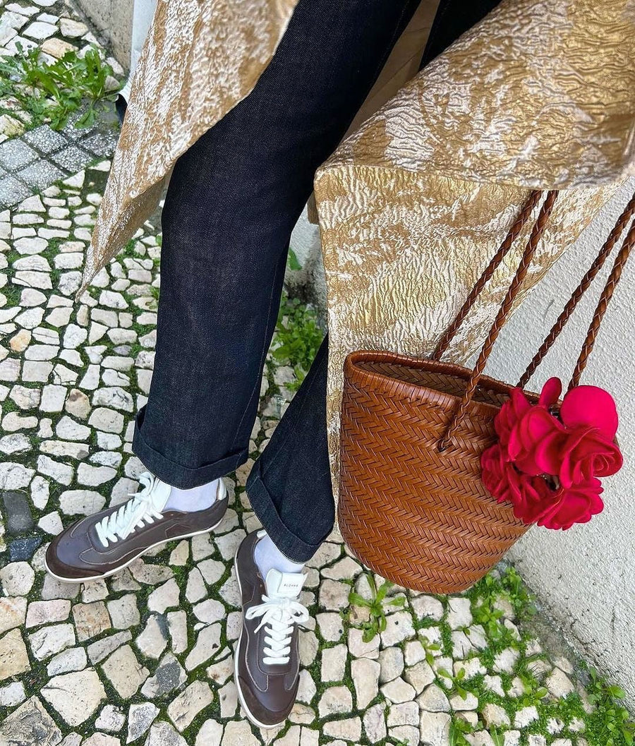 Carmel- Hand Woven Leather Shoulder Bucket Bag Brown