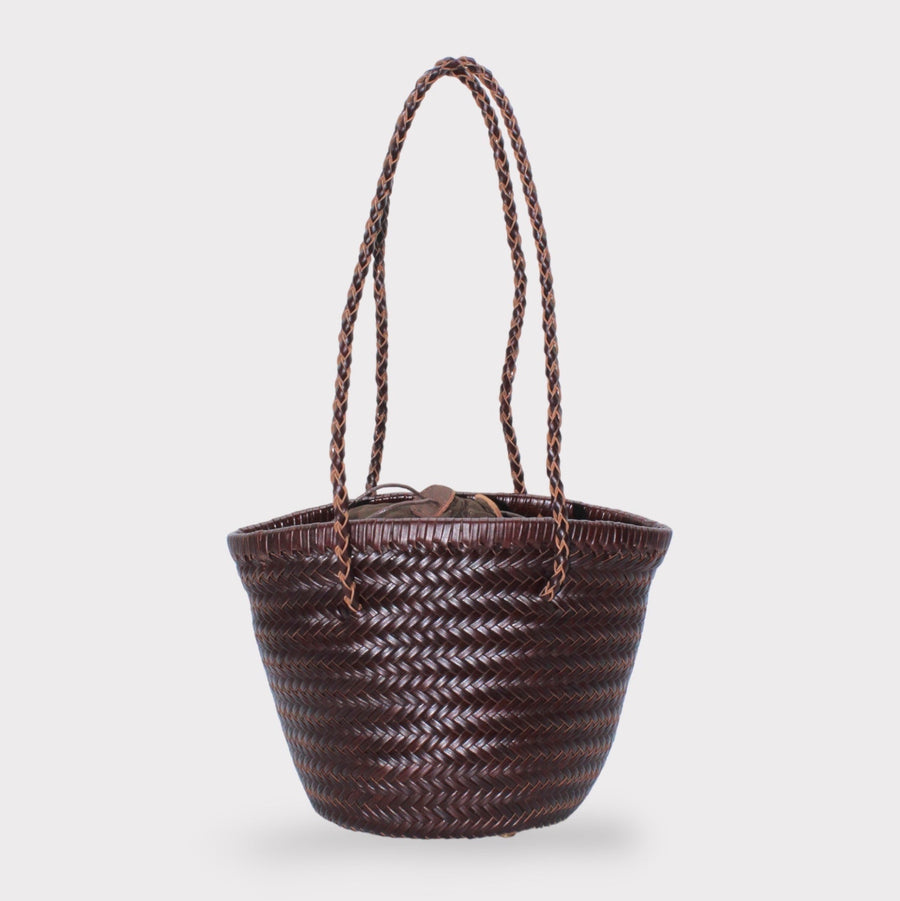 Carmel- Hand Woven Leather Shoulder Bucket Bag Chocolate