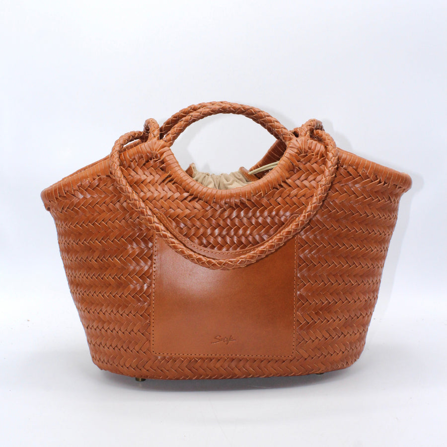 Celia-Handmade Woven Top Grain Leather Bag Caramel Colour