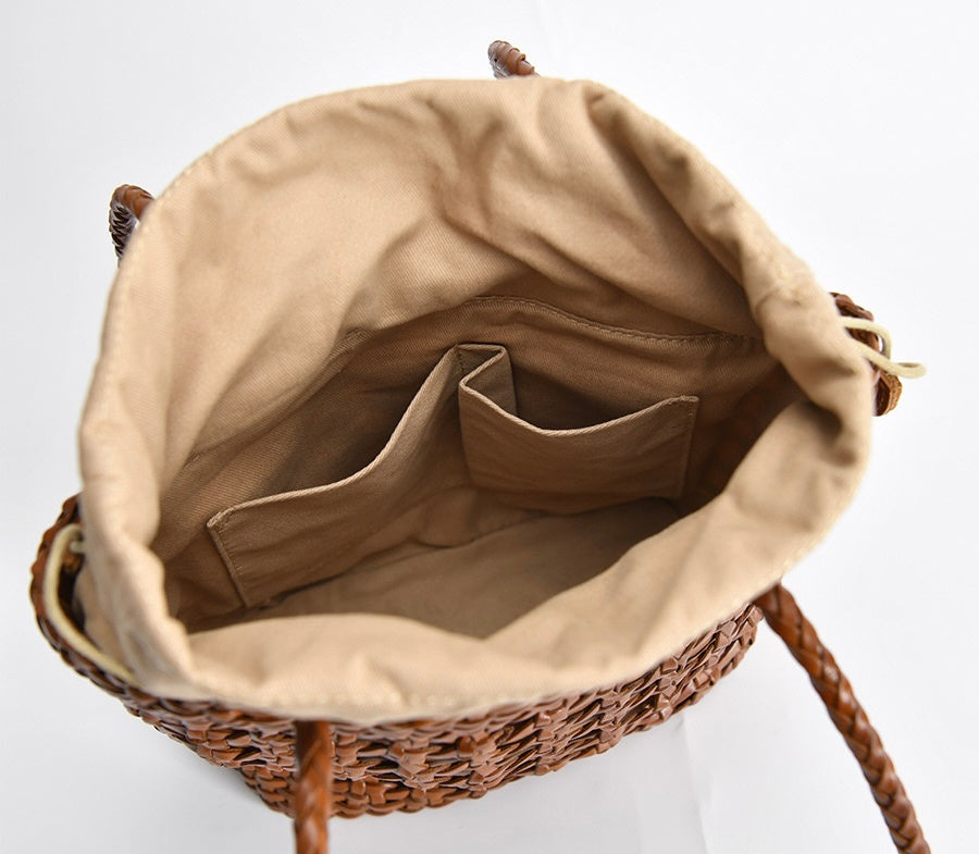 Asia - Handwoven Leather Shoulder Bucket Bag Brown