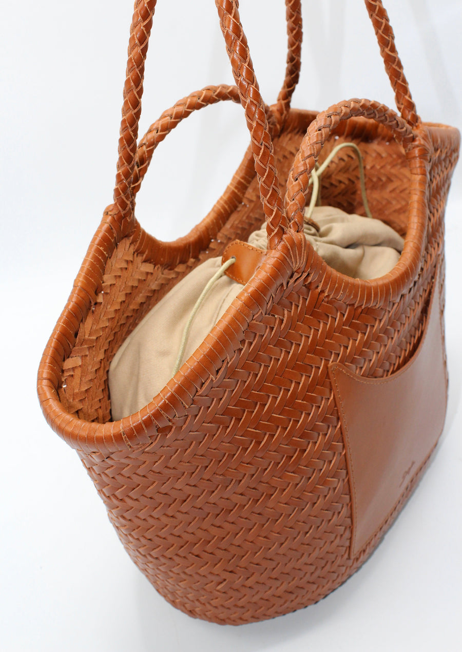 Celia-Handmade Woven Top Grain Leather Bag Caramel Colour