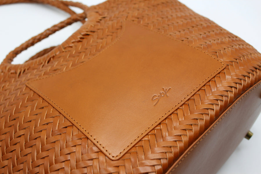 Celia-Handmade Woven Top Grain Leather Bag Caramel Colour