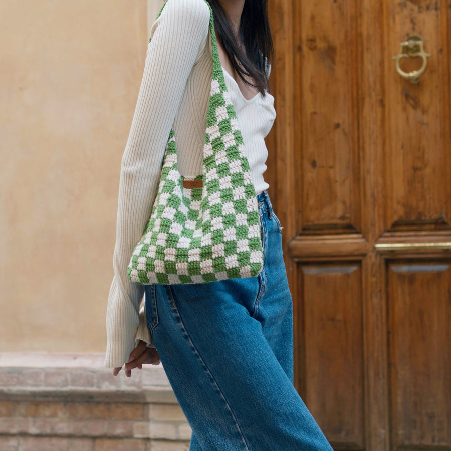 Grass Green Checkered Pattern Chess Crochet Tote Bag