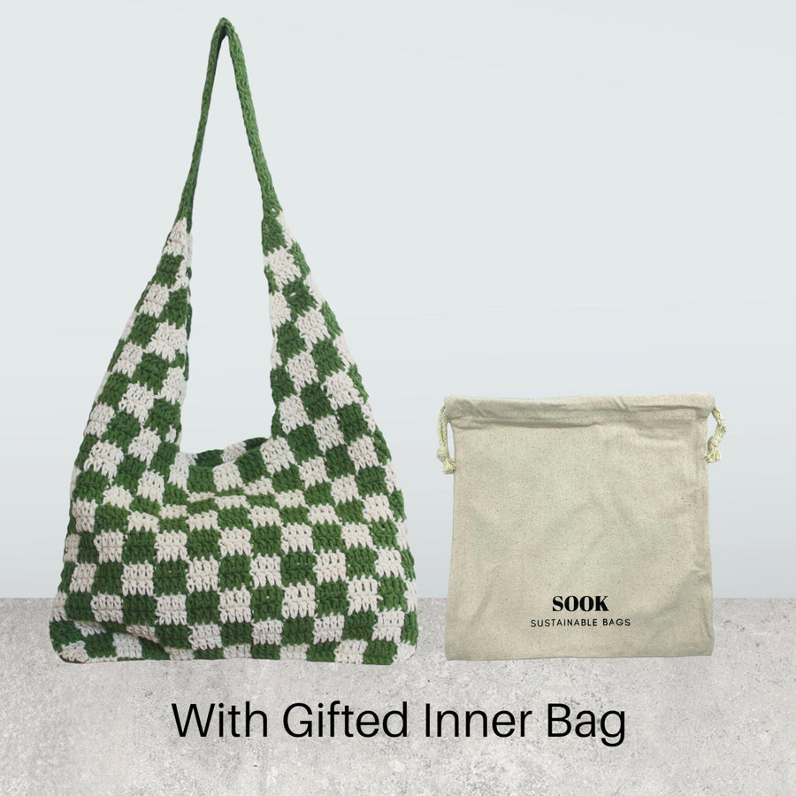 Grass Green Checkered Pattern Chess Crochet Tote Bag