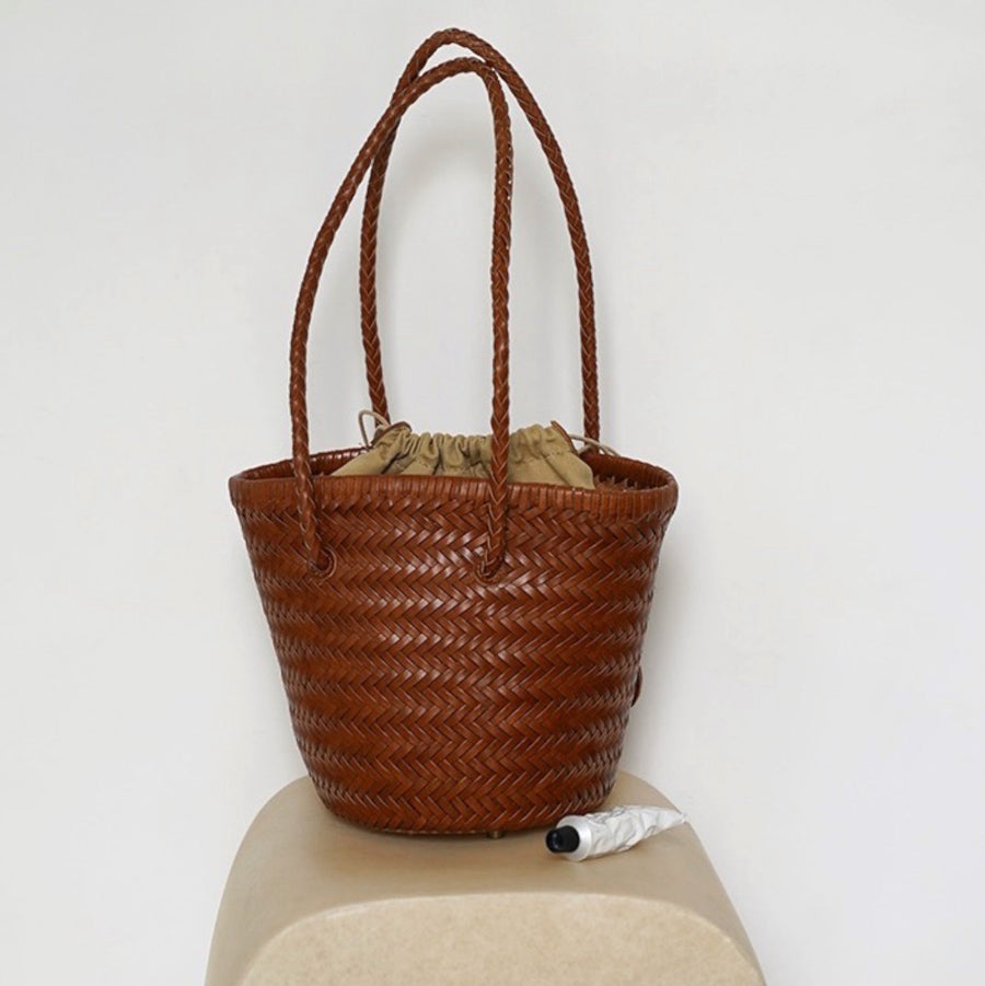 Carmel- Hand Woven Leather Shoulder Bucket Bag Brown