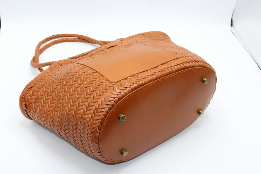 Celia-Handmade Woven Top Grain Leather Bag Caramel Colour