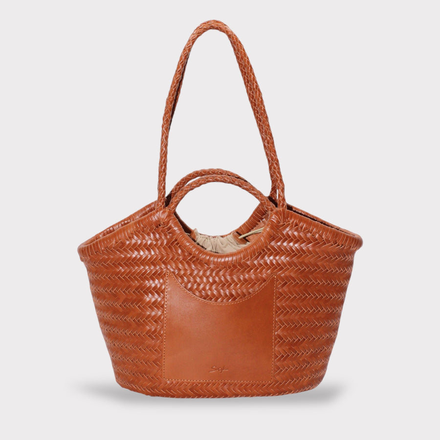 Celia-Handmade Woven Top Grain Leather Bag Caramel Colour