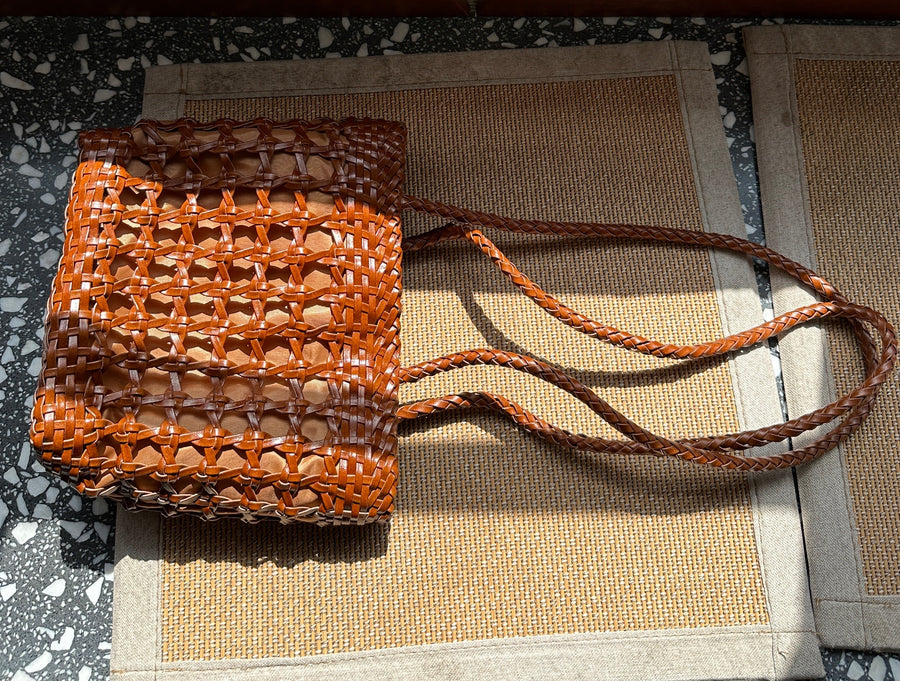 Asia - Handwoven Leather Shoulder Bucket Bag Brown