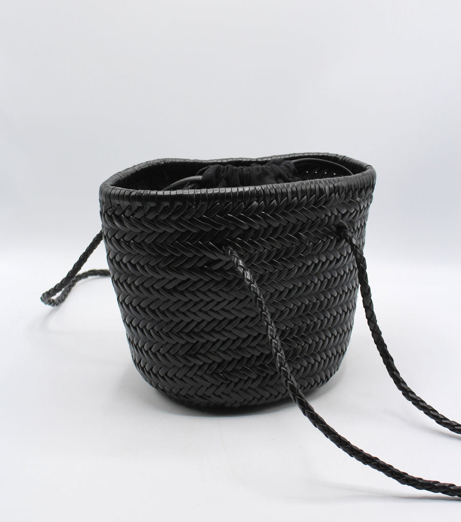 Carmel - Hand Woven Top Grain Leather Bucket Bag Black