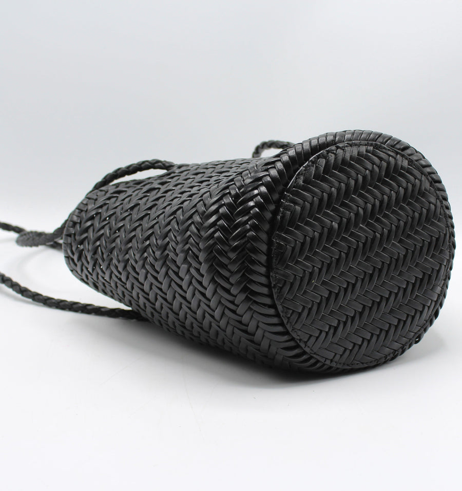 Carmel - Hand Woven Top Grain Leather Bucket Bag Black