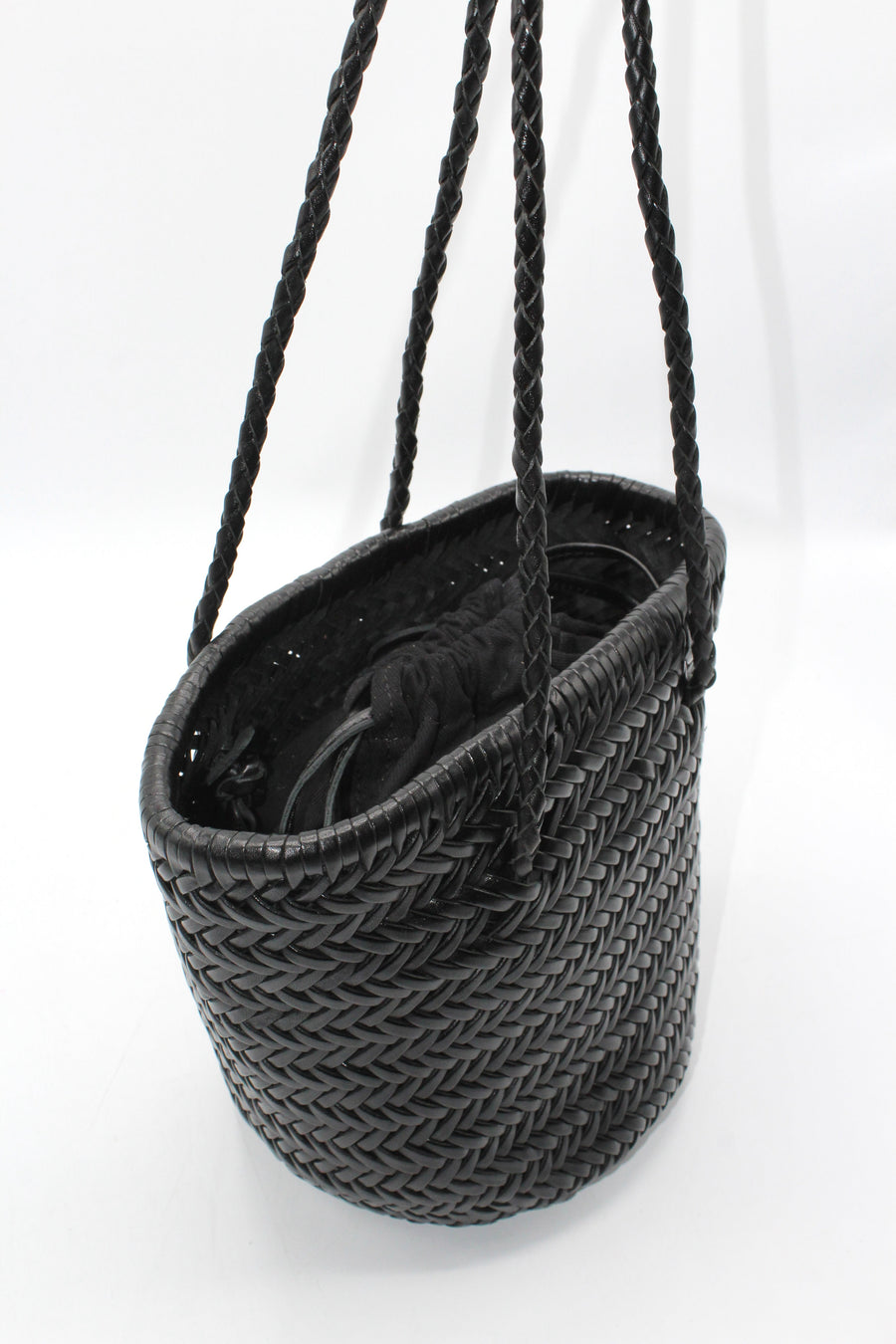 Carmel - Hand Woven Top Grain Leather Bucket Bag Black