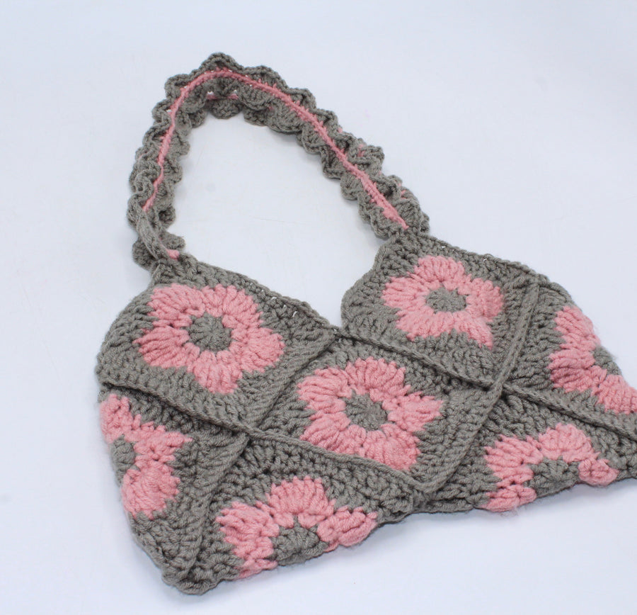 Handmade Floral Knitting Crochet Baguette Bag Grey & Pink