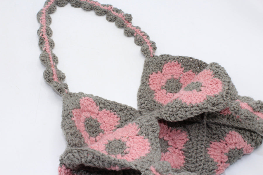 Handmade Floral Knitting Crochet Baguette Bag Grey & Pink