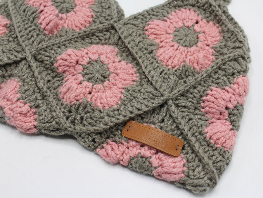 Handmade Floral Knitting Crochet Baguette Bag Grey & Pink