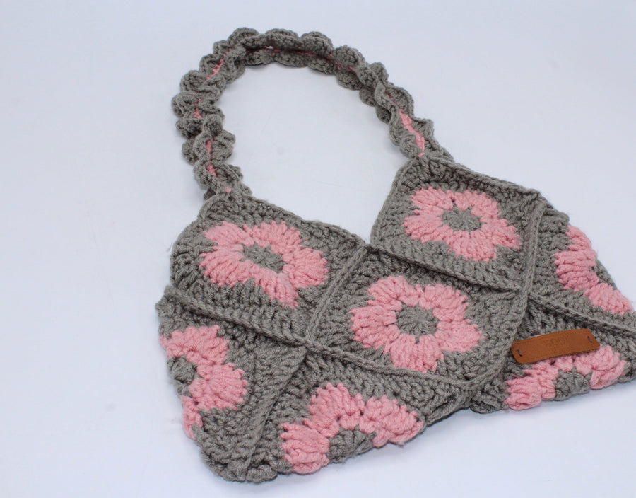 Handmade Floral Knitting Crochet Baguette Bag Grey & Pink