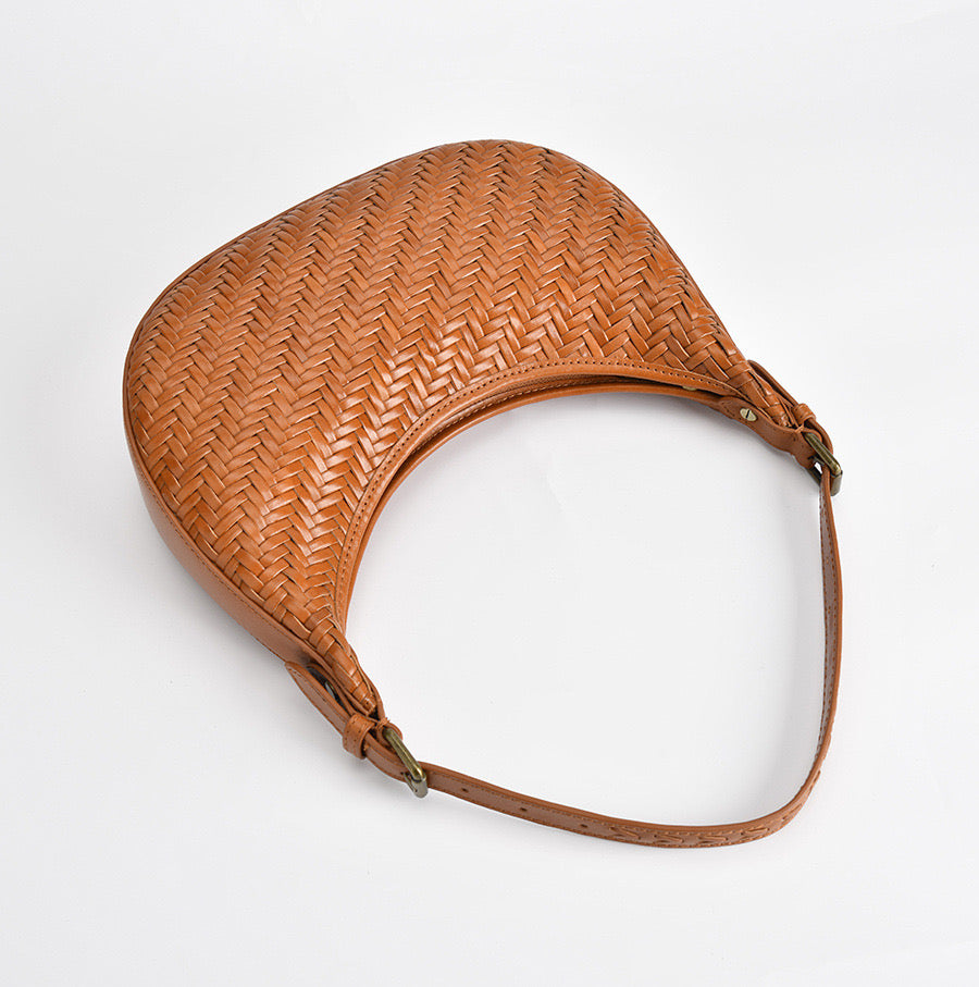 Carmel- Hand Weave Leather Moon Crescent Bag Brown