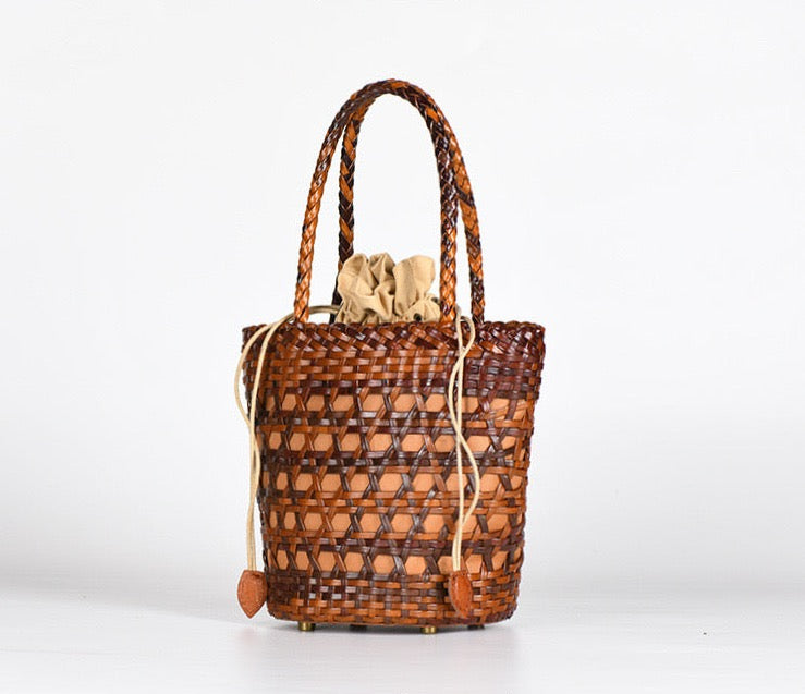 Lena - Hand Weave Leather Basket Bag Amber Brown