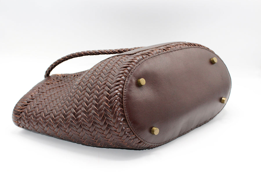 Celia-Handmade Woven Top Grain Leather Bag Coffee Colour