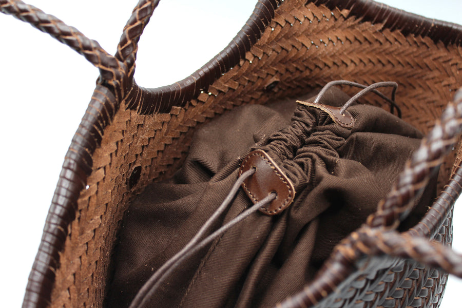 Celia-Handmade Woven Top Grain Leather Bag Coffee Colour