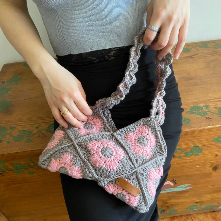 Handmade Floral Knitting Crochet Baguette Bag Grey & Pink