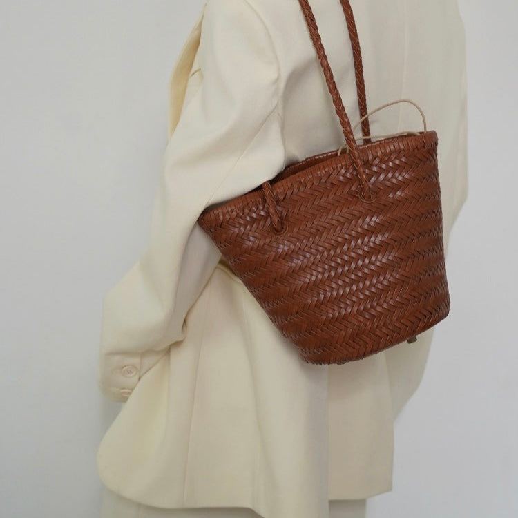 Carmel- Hand Woven Leather Shoulder Bucket Bag Brown