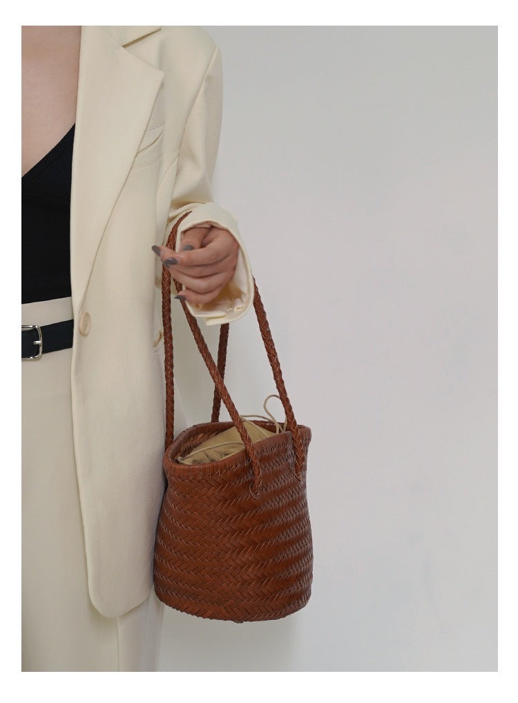 Carmel- Hand Woven Leather Shoulder Bucket Bag Brown