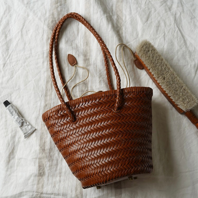 Carmel- Hand Woven Leather Shoulder Bucket Bag Brown