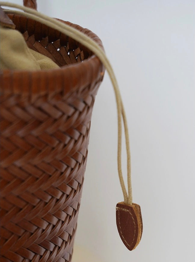 Carmel- Hand Woven Leather Shoulder Bucket Bag Brown