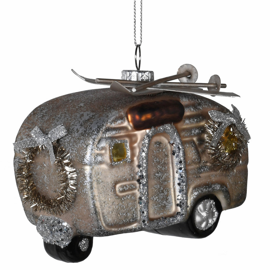 Silver Campervan with Skis Tree Decoration