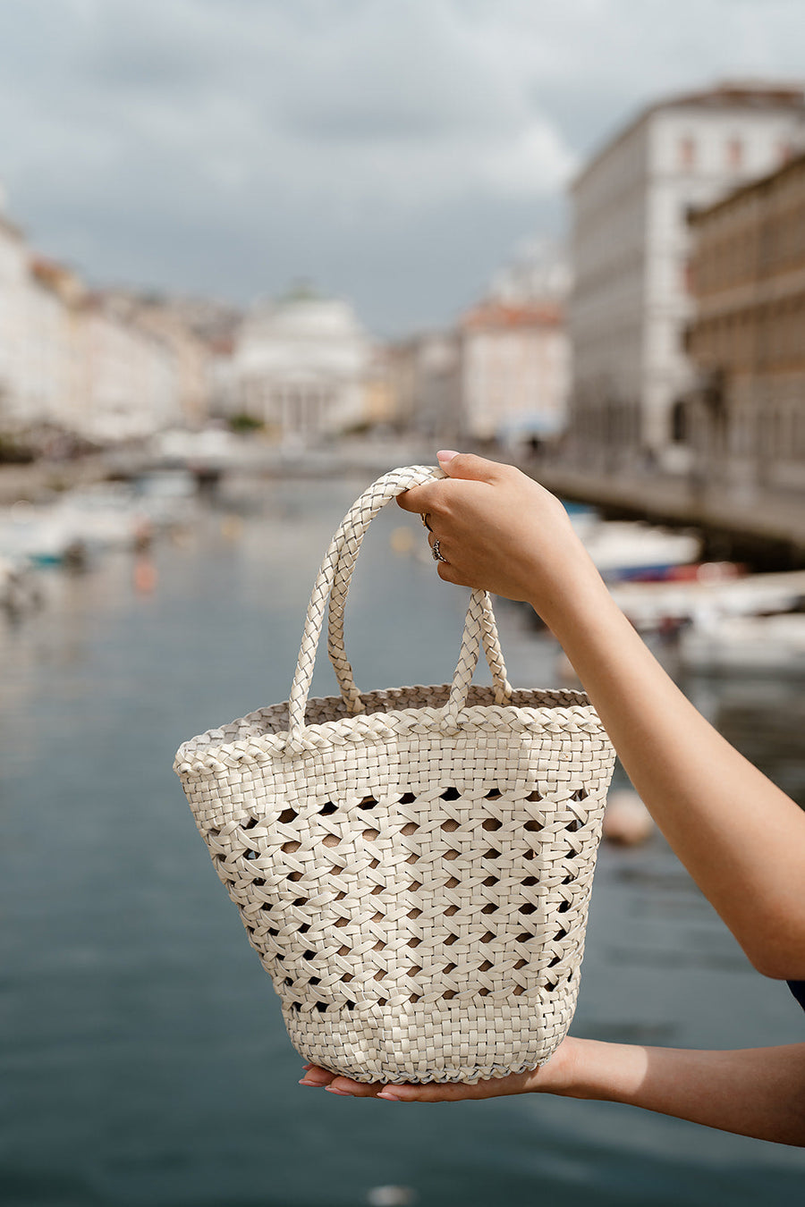 Ivy - Hand Woven Top Grain Leather Basket Bag Cream White