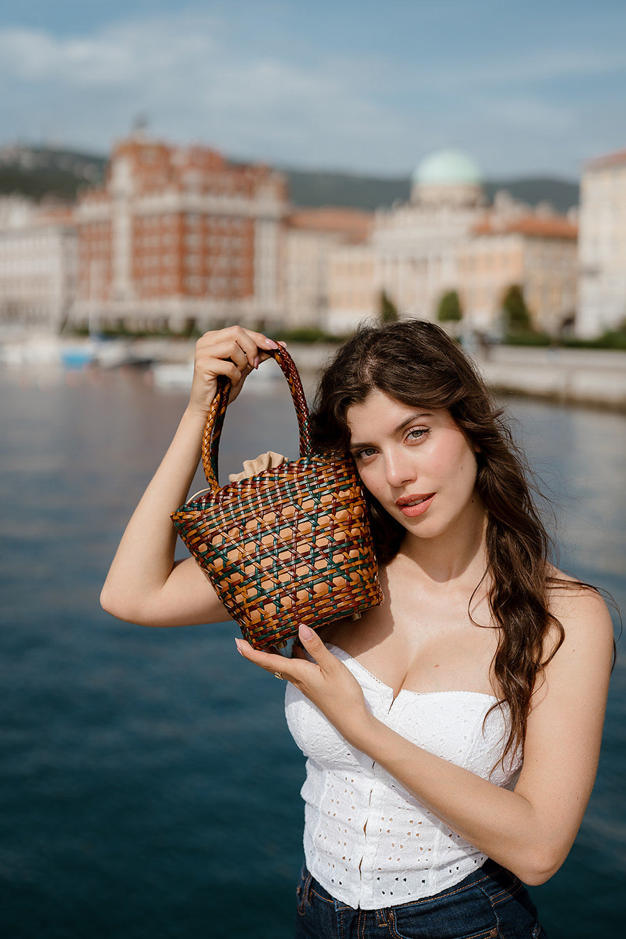 Lena - Hand Weave Leather Basket Bag Blue & Brown