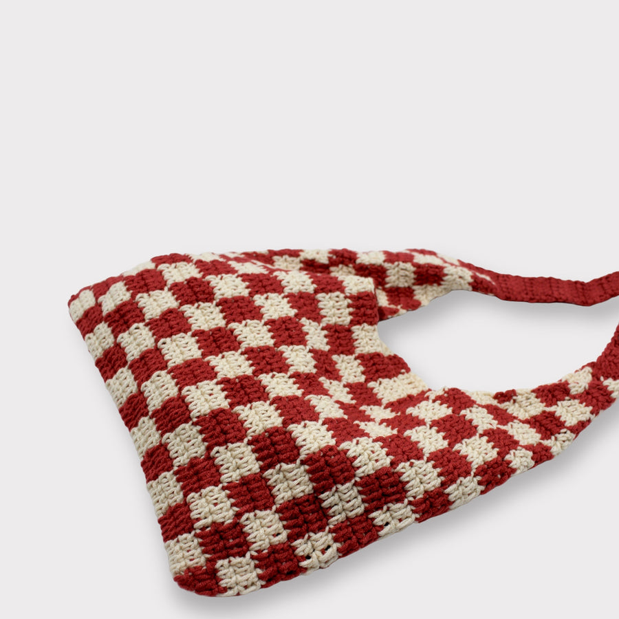 Berry Red Checkered Pattern Chess Crochet Tote Bag