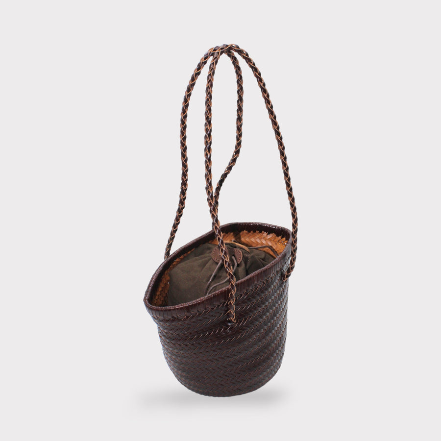 Carmel- Hand Woven Leather Shoulder Bucket Bag Chocolate