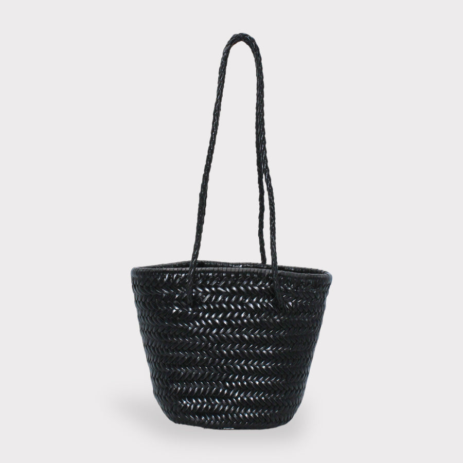 Carmel - Hand Woven Top Grain Leather Bucket Bag Black