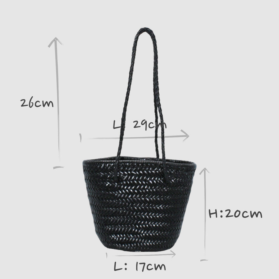 Carmel - Hand Woven Top Grain Leather Bucket Bag Black