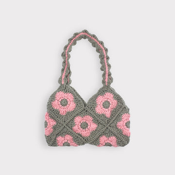 Handmade Floral Knitting Crochet Baguette Bag Grey & Pink