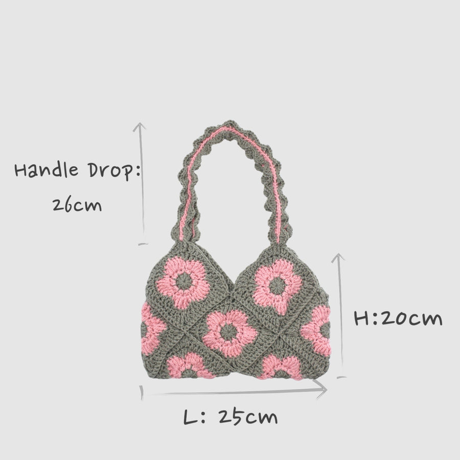 Handmade Floral Knitting Crochet Baguette Bag Grey & Pink