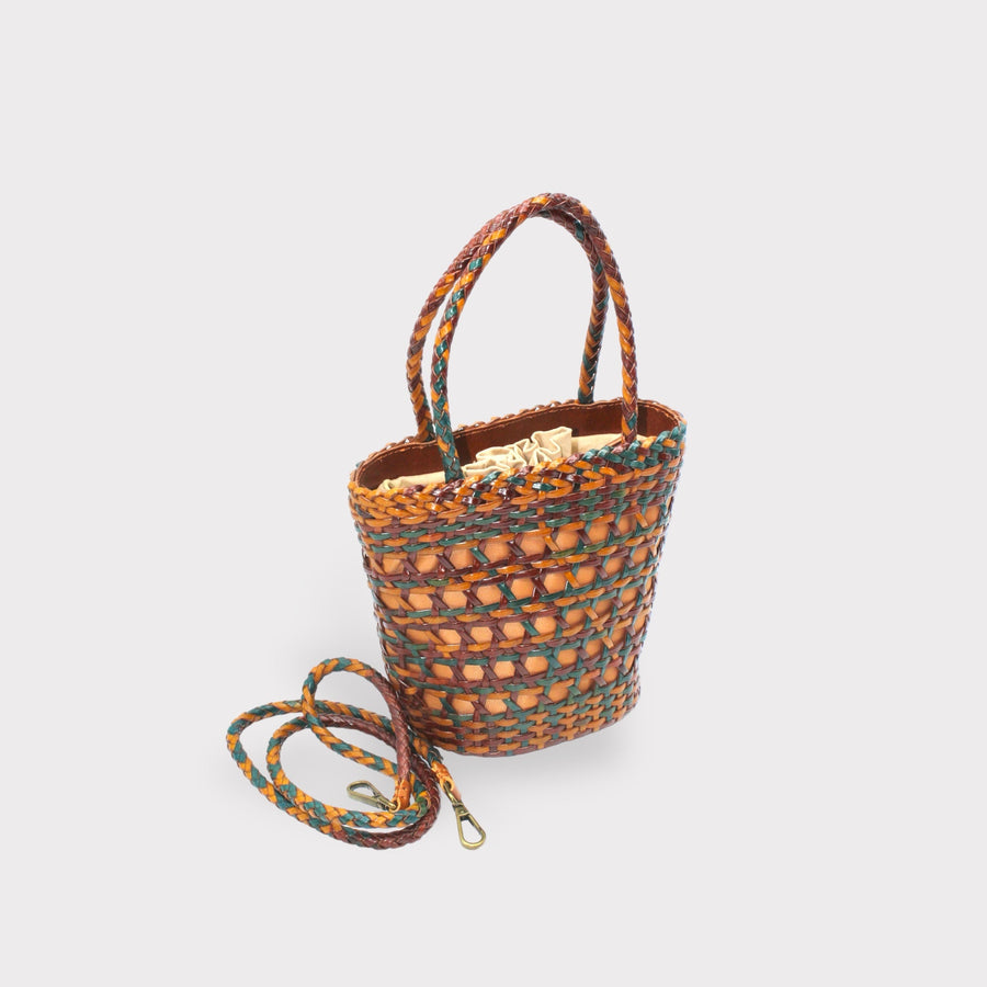 Lena - Hand Weave Leather Basket Bag Blue & Brown