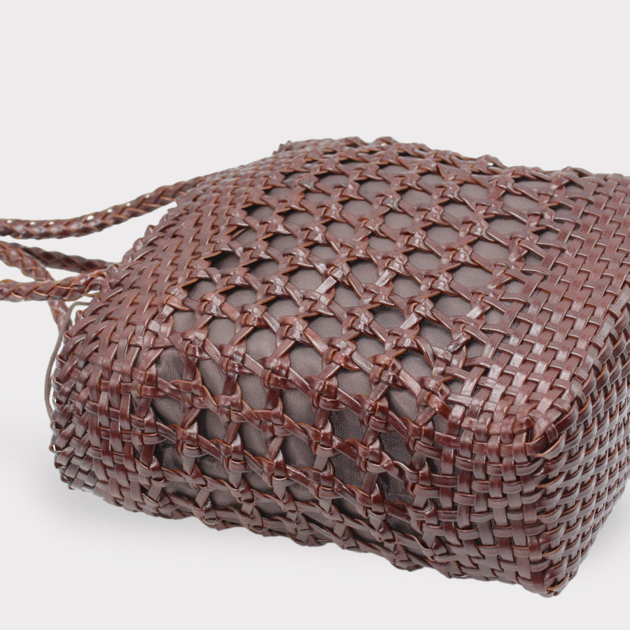 Asia - Handwoven Leather Shoulder Bucket Bag Coffee