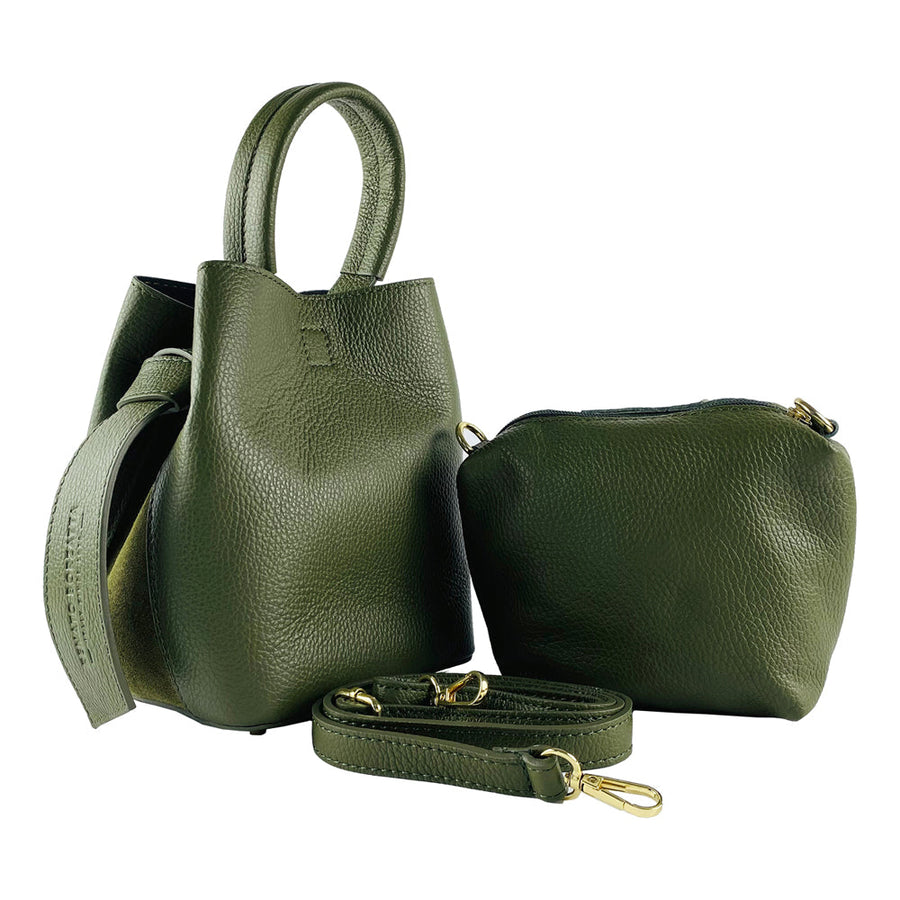 RB1006E | Borsa a Secchiello con Pochette in Vera Pelle Made in Italy.Tracollina con attacchi a moschettone in metallo Oro Lucido - Col. Verde - Dimensioni: cm 16 x 14 x 21 + Manico 13 cm