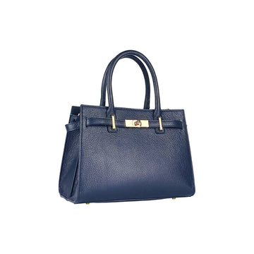 RB1016D | Borsa Donna a Mano in Vera Pelle Made in Italy con tracolla removibile. Attacchi con moschettoni in metallo Oro Lucido - Colore Blu - Dimensioni: cm 28 x 20 x 14 + 12,5