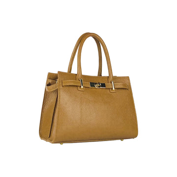 RB1016S | Borsa Donna a Mano in Vera Pelle Made in Italy con tracolla removibile. Attacchi con moschettoni in metallo Oro Lucido - Colore Cognac - Dimensioni: cm 28 x 20 x 14 + 12,5