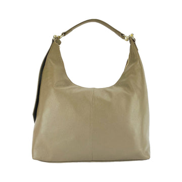 RB1017AQ | Borsa Donna a spalla Morbida in Vera Pelle Made in Italy con manico singolo e tracolla removibile. Attacchi con moschettoni in metallo Oro Lucido - Colore Taupe - Dimensioni: cm 36 x 40 x 13