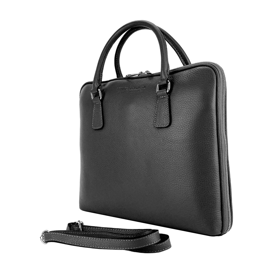 RB1019A | Cartella Business Unisex in Vera Pelle Made in Italy con tracolla removibile. Attacchi con moschettoni in metallo Nickel Lucido - Colore Nero - Dimensioni: cm 37 x 29 x 6,5