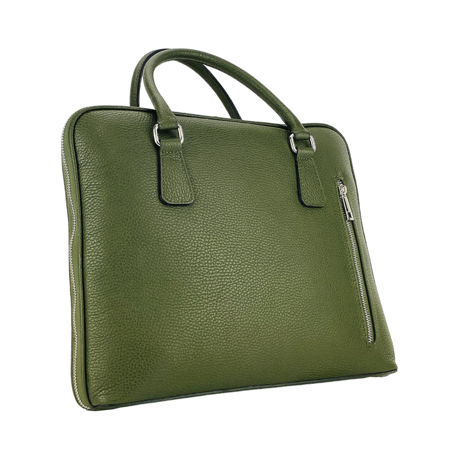 RB1019E | Cartella Business Unisex in Vera Pelle Made in Italy con tracolla removibile. Attacchi con moschettoni in metallo Nickel Lucido - Colore Verde - Dimensioni: cm 37 x 29 x 6,5