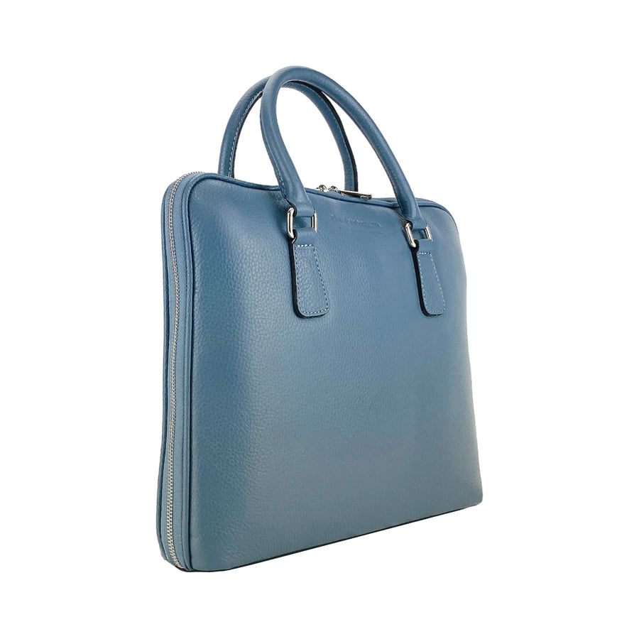 RB1019P | Cartella Business Unisex in Vera Pelle Made in Italy con tracolla removibile. Attacchi con moschettoni in metallo Nickel Lucido - Colore Avio - Dimensioni: cm 37 x 29 x 6,5