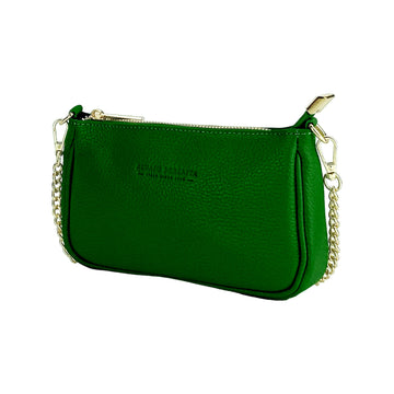 RB1022E | Borsa Piccola in Vera Pelle Made in Italy con Tracolla a catena removibile. Chiusura con lampo e Accessori in metallo Oro Lucido - Colore Verde - Dimensioni: cm 20 x 12 x 6