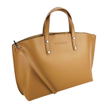 RB1024S  | Borsa Donna a Mano in Vera Pelle Made in Italy con tracolla removibile. Sacca grande interna estraibile. Accessori Canna di Fucile Lucido - Colore Cognac - Dimensioni: cm 48x31x11