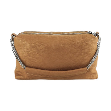 RB1025S  | Borsa Donna a Mano con doppia lampo in Vera Pelle Made in Italy. Tracolla in pelle regolabile. Accessori Nickel Lucido - Colore Cognac - Dimensioni: cm 26 x 14 x 9